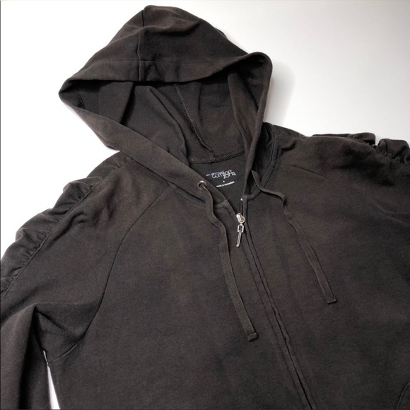 NEW York & Company Chocolate Brown Ruched Sleeve Pocket Zipup Hoodie SIZE S - Picture 5 of 12